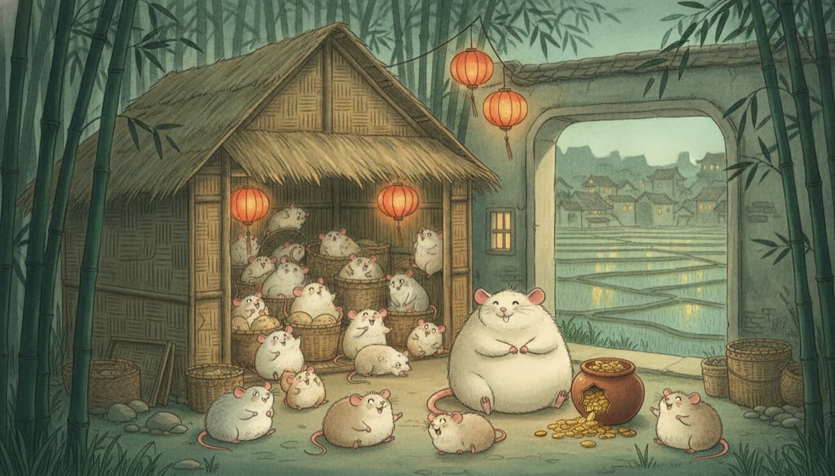 Illustration of cheerful rats crowding a bamboo hut at dusk, one sitting beside a pot of coins