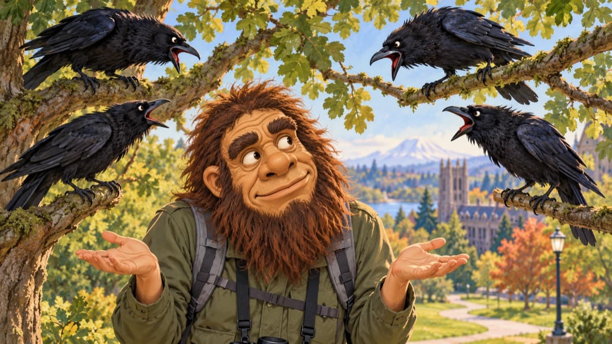 Illustration of a researcher in a shaggy caveman mask shrugging under a tree while four crows scold him from the branches